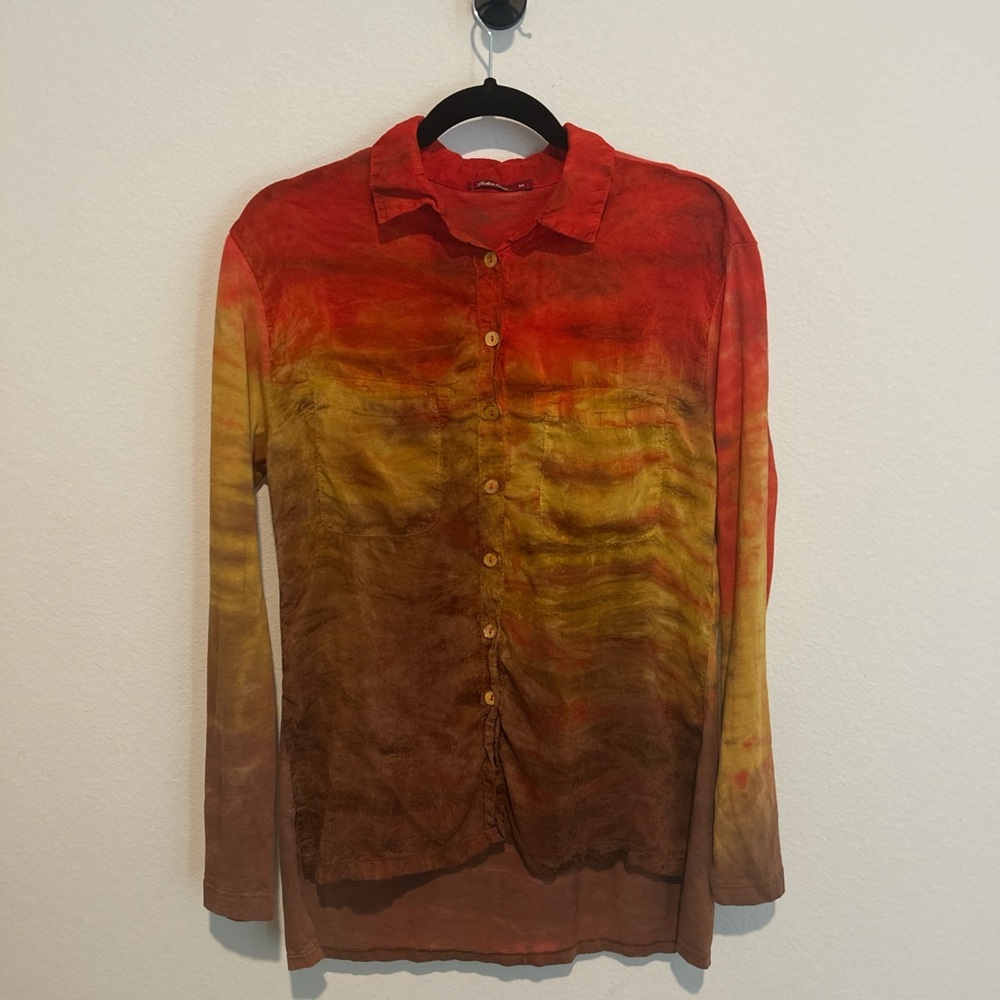 Bachara Lesser Multi-Colored Tie-Dye Light-Weight High-Low Long Sleeve Shirt